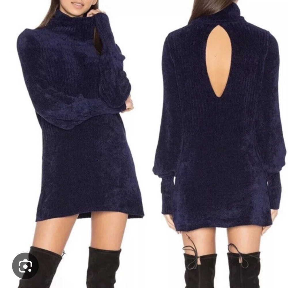 Free People Navy Chenille Cutout Back Sweater Dress Women's Size S Turtle Neck